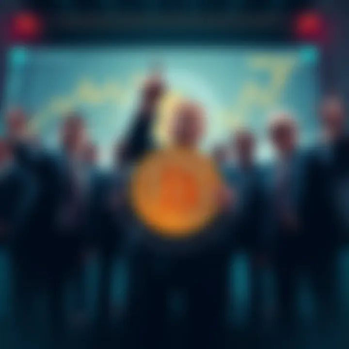 Trump Media executives celebrating the announcement of a $2.9 billion Bitcoin acquisition with graphs showing rising cryptocurrency trends in the background