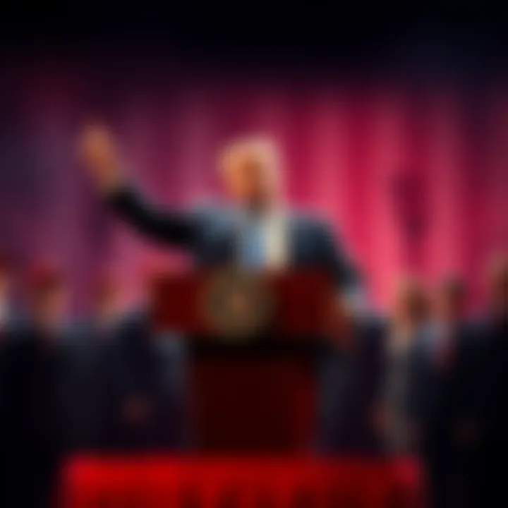 Donald Trump stands confidently at a podium, showcasing his political power while a group of concerned Buttcoin advocates watches from the side, looking defeated.