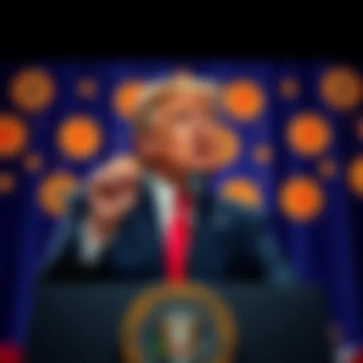 Donald Trump giving a speech about the economy, with Bitcoin symbols in the background
