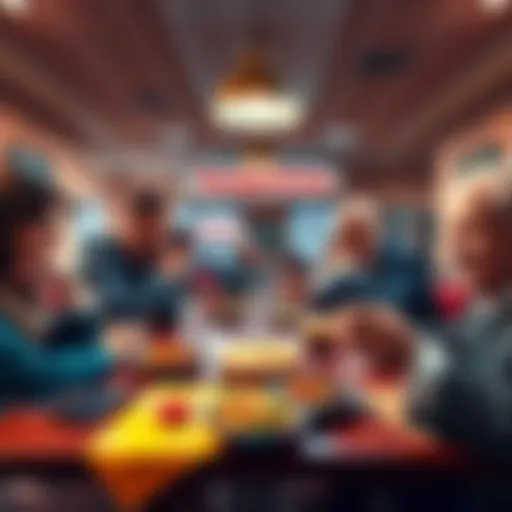 People discussing TrumpCoin investment at a cafeteria table with a sampler platter