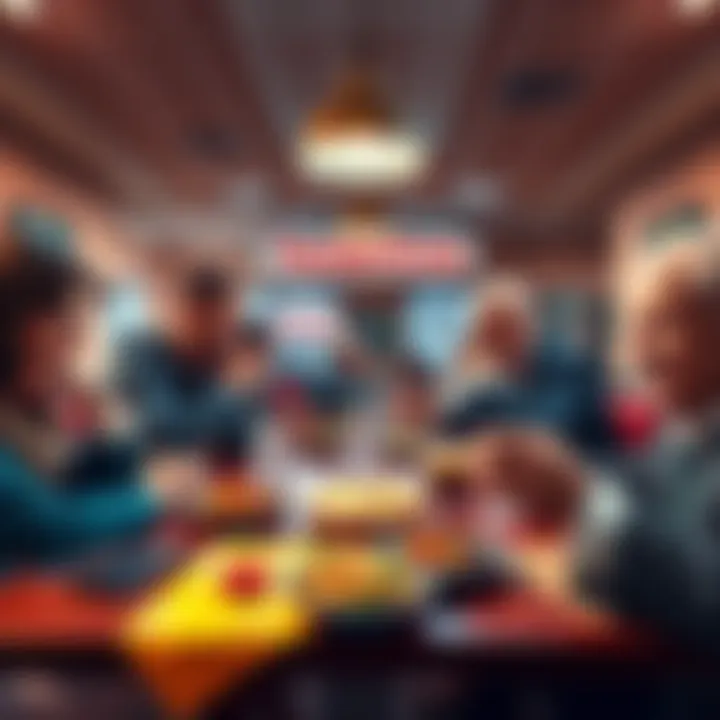 People discussing TrumpCoin investment at a cafeteria table with a sampler platter