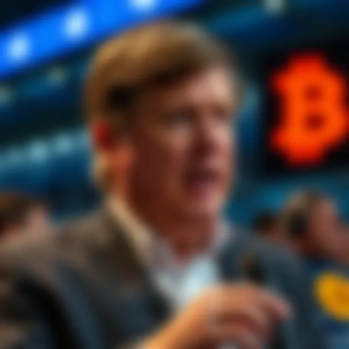 Tucker Carlson speaking at a news event, expressing his views on Bitcoin and CIA involvement.