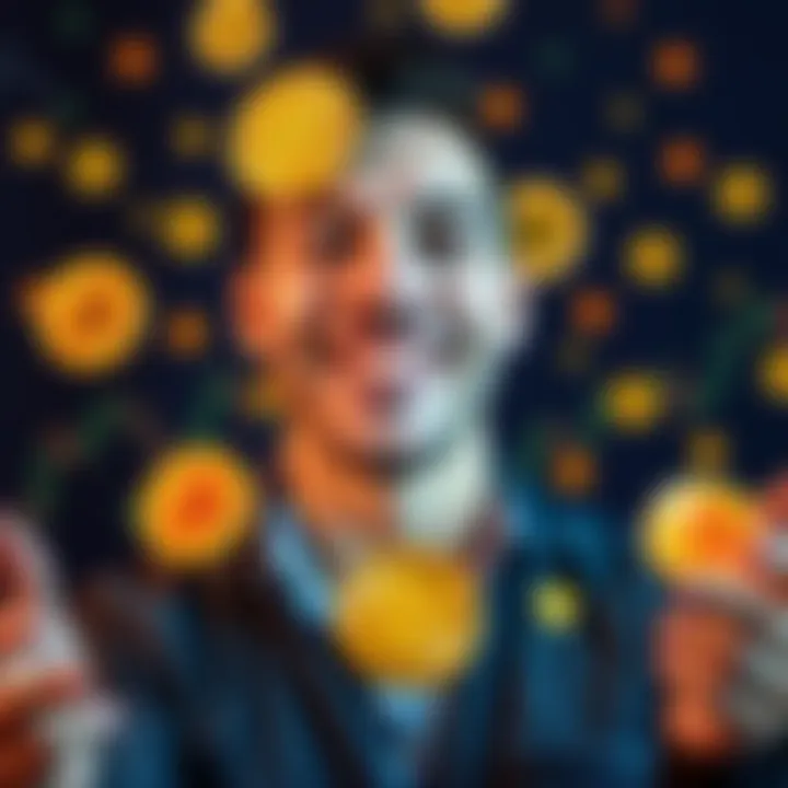 Young man celebrating Bitcoin success A 36-year-old man smiles with Bitcoin symbols and financial charts around him, celebrating his millionaire status through ISA investments.