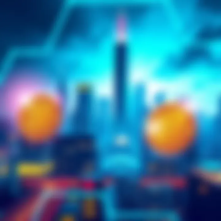 A digital illustration showing a futuristic city skyline with Bitcoin and blockchain symbols in the foreground, representing the UK’s advancements in cryptocurrency.