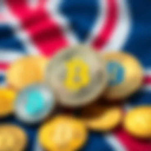 A graphical representation of cryptocurrency symbols with a UK flag background, symbolizing the lifting of the ETP ban