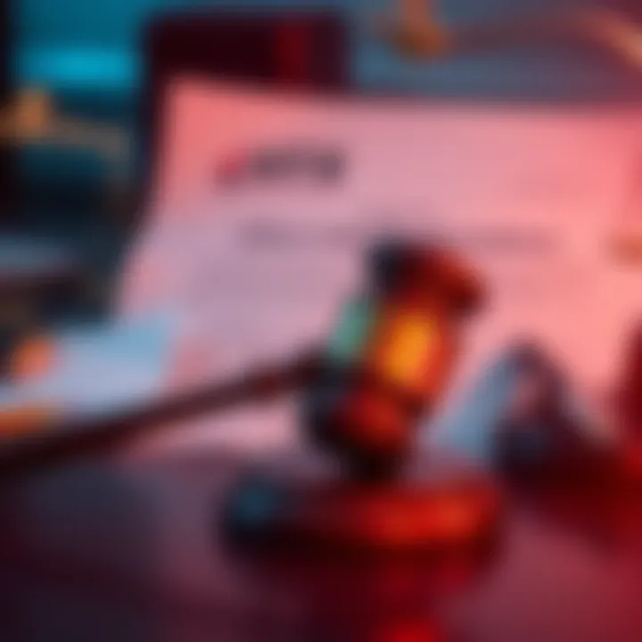 A gavel rests on a desk with a legal document about HTX's unlawful promotions in the background, symbolizing regulatory action in the cryptocurrency sector.
