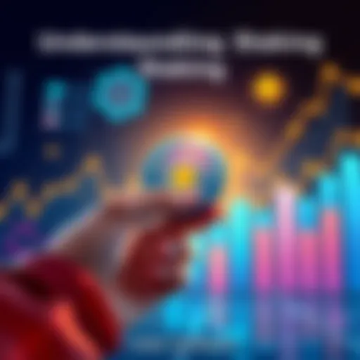 A digital illustration showing a person holding ATOM tokens with graphs and charts representing rewards and community support in the background.
