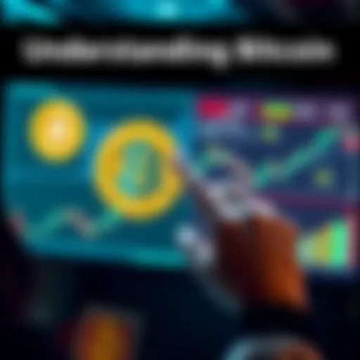 A person looking at a digital screen displaying the Bitcoin symbol and trend charts.