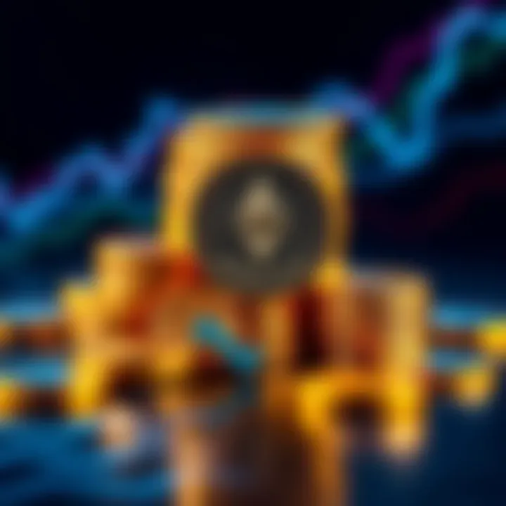 A graphic showing Ethereum coins stacked with a downward arrow representing average price changes and a question mark indicating confusion about staking effects.