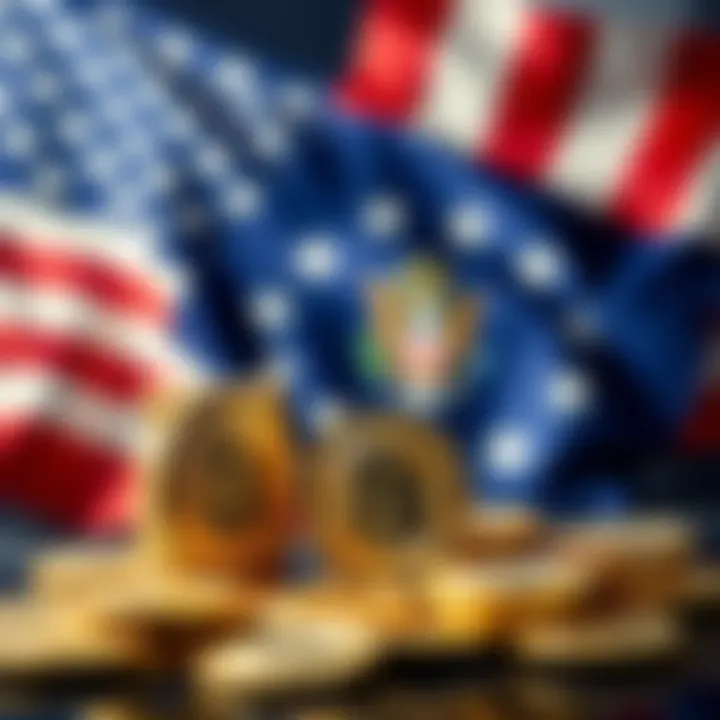 U.S. flag and bitcoin coins U.S. flag alongside stacks of bitcoin coins symbolizing potential addition to strategic reserve
