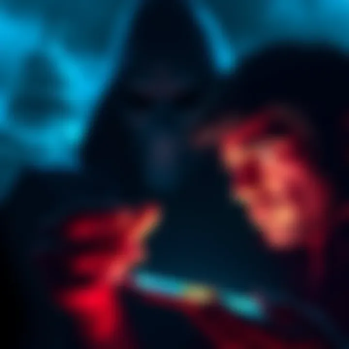 A person looking at a digital Bitcoin wallet on a smartphone with a worried expression, while a shadowy figure representing the government looms in the background.