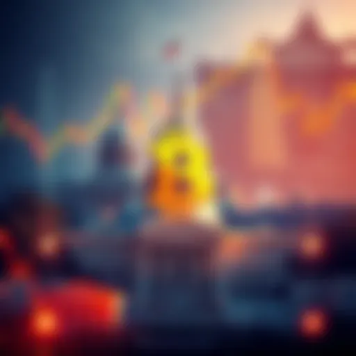 A symbolic representation of the US government investing in Bitcoin, featuring a Bitcoin symbol overlaid on a backdrop of government buildings and financial charts.