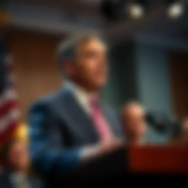 A US lawmaker stands at a podium, addressing the media with a serious expression, highlighting concerns about the GENIUS bill and its implications for a CBDC.