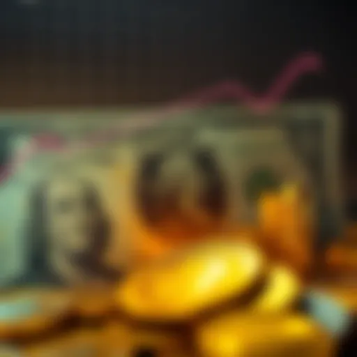 A visual representation of the declining value of the US dollar against inflation, featuring a graph with a downward trend and images of gold coins as an alternative investment.