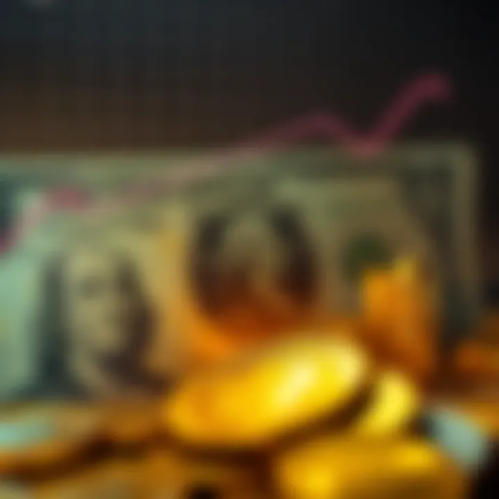A visual representation of the declining value of the US dollar against inflation, featuring a graph with a downward trend and images of gold coins as an alternative investment.