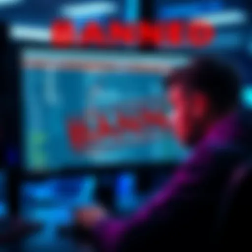A person looking surprised at a computer screen displaying a ban notice from an online forum