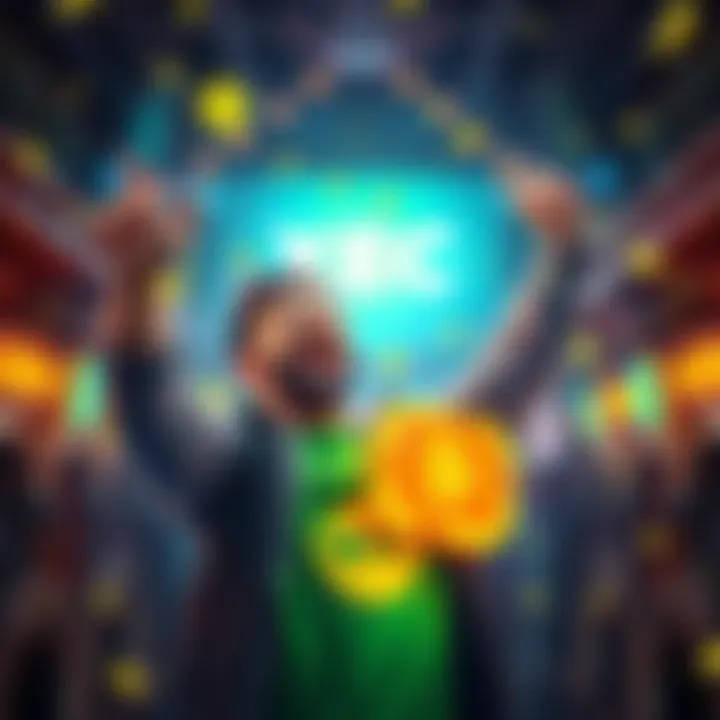 A person joyfully celebrating their achievement of finding an XEC block, showing excitement and happiness, symbolizing luck and success in the process.