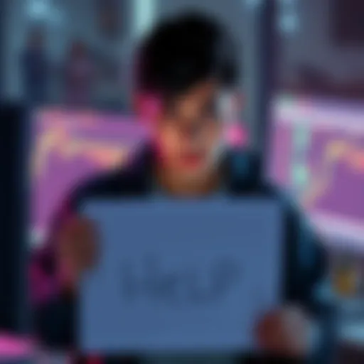A concerned individual looking distressed, holding a sign that says 'Help' while watching a computer screen, symbolizing their struggle with Changelly over frozen USDT funds.