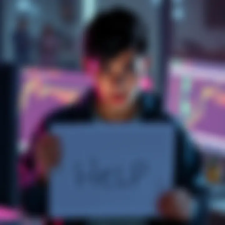 User Seeking Help for Frozen Funds A concerned individual looking distressed, holding a sign that says 'Help' while watching a computer screen, symbolizing their struggle with Changelly over frozen USDT funds.