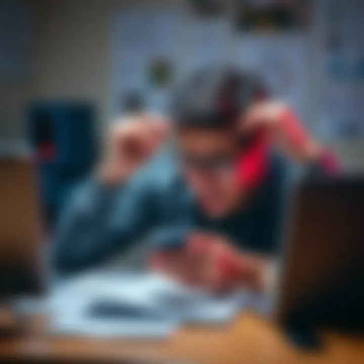 A person showing frustration while handling the new Nano S Plus cryptocurrency wallet, surrounded by technical guides and a laptop, highlighting usability issues.
