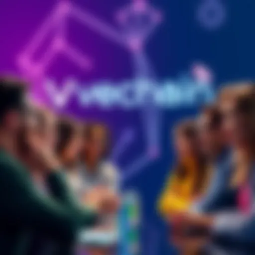 A group of diverse people engaged in a discussion about blockchain technology, with a digital Vechain logo in the background