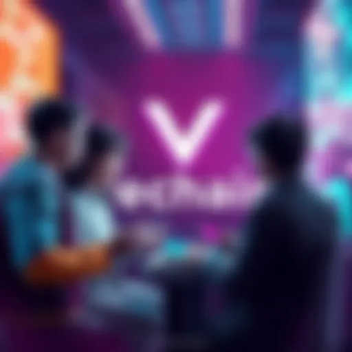 A group of people engaged in a discussion about Vechain updates, with digital devices and a Vechain logo in the background.