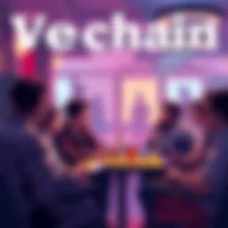 A group of people discussing Vechain updates and sharing ideas in a casual setting.