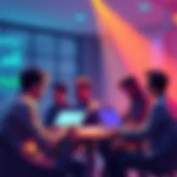A group of people discussing Vechain updates with charts and laptops