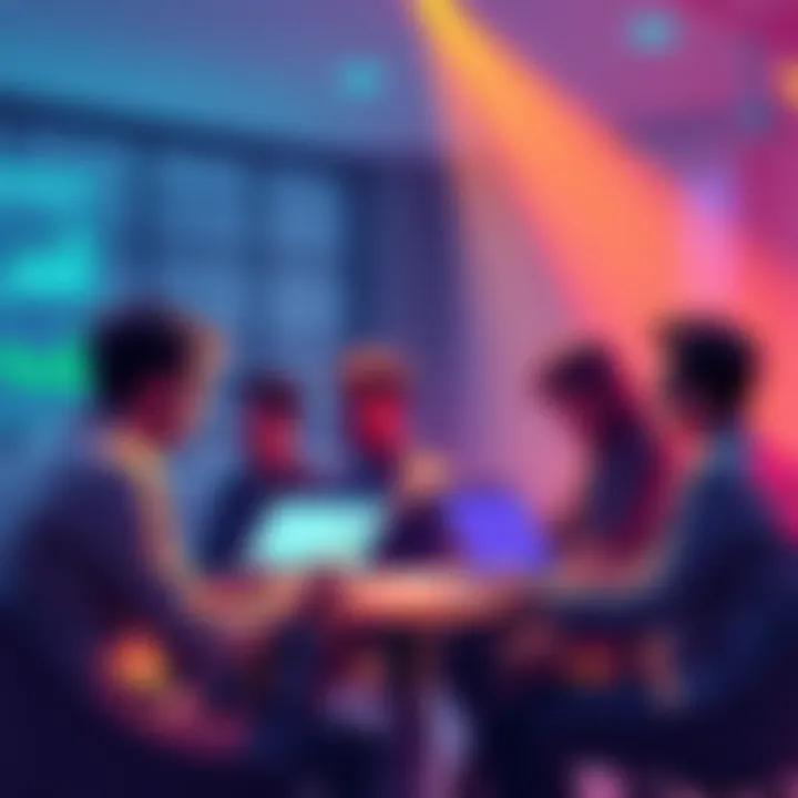 A group of people discussing Vechain updates with charts and laptops