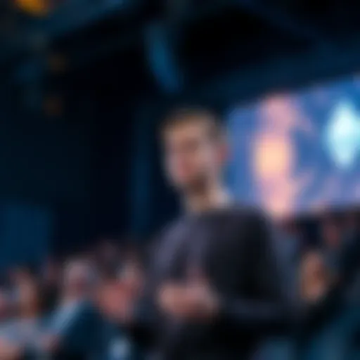 Vitalik Buterin stands in front of a crowd, discussing the importance of Ethereum's decentralization and security.