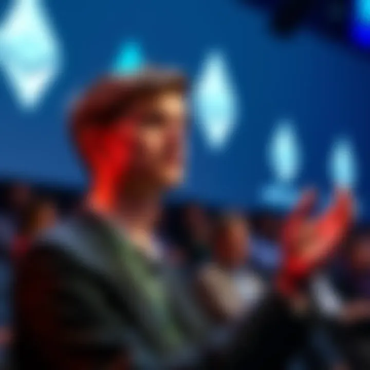 Vitalik Buterin's Influence Vitalik Buterin speaking at a conference, showcasing his impact on the Ethereum ecosystem, with Ethereum logos in the background