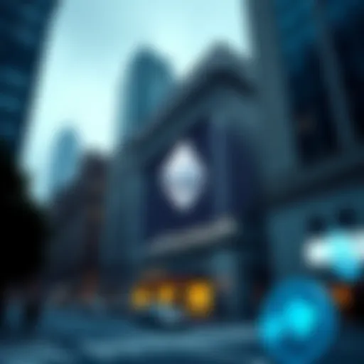 A graphic showing Wall Street buildings with Ethereum and stablecoin symbols, representing rising investments in cryptocurrency.