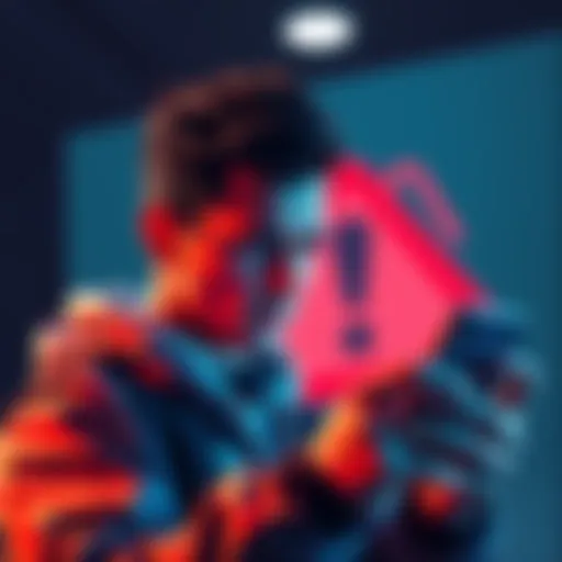 A person looking concerned while checking cryptocurrency transactions on a phone, with a red caution sign in the background