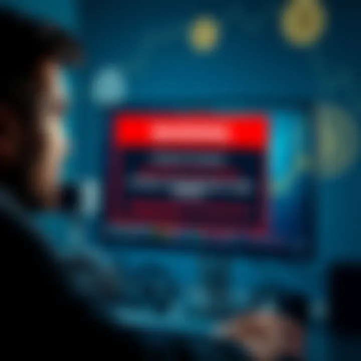A person looking concerned while viewing a warning message about the Nano X scheme on a computer screen, with cryptocurrency symbols in the background.