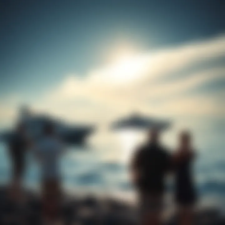 People standing on the shore enjoying the view of luxurious yachts sailing in the distance