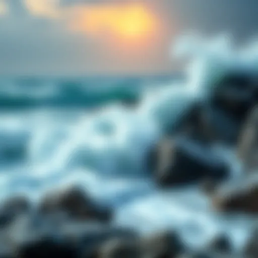 Waves rolling in with a hint of doubt in the air as they crash against rocks, symbolizing skepticism about DONUT