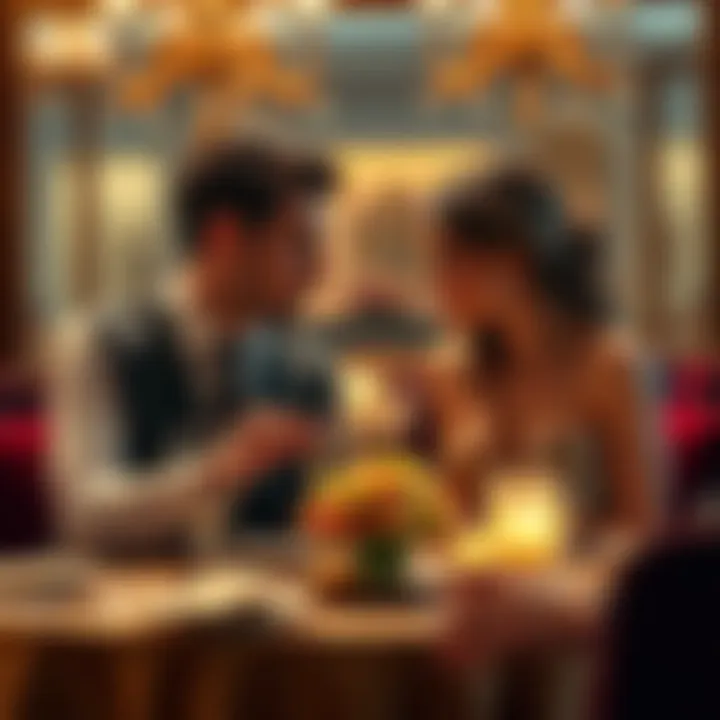 A couple discussing finances at a fancy dinner table, showcasing their differing views on wealth in their relationship.