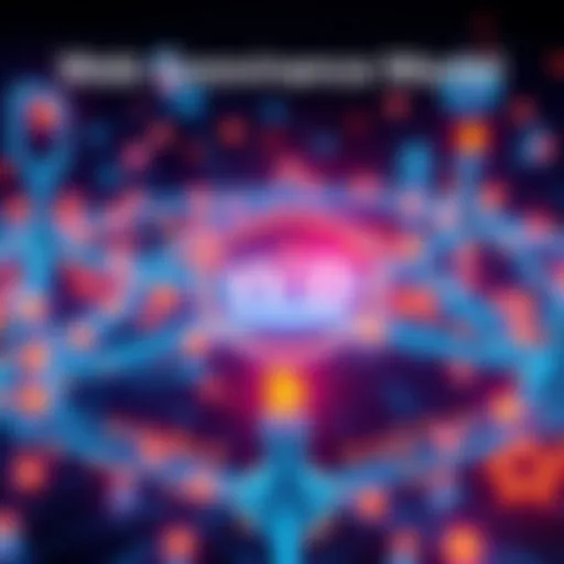 Illustration showing a decentralized web3 governance structure with interconnected nodes and blockchain symbols.