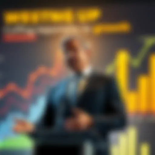 A business executive in a suit speaks at a podium about the role of stablecoins, with charts and graphs in the background illustrating market growth.