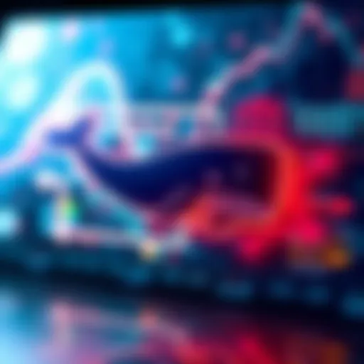 A graphic showing a whale symbol representing a cryptocurrency wallet, with arrows indicating movement, set against a digital currency background.