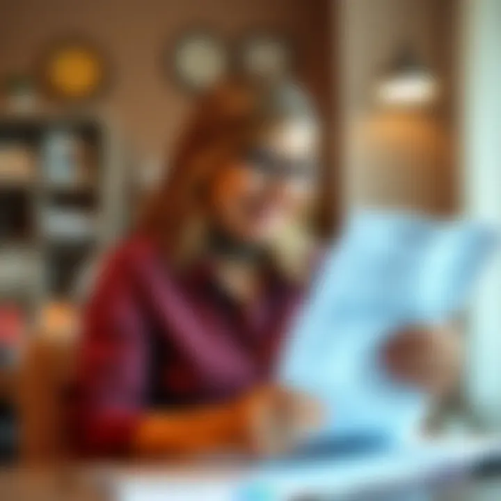 A wife smiles while reviewing financial documents, showcasing her excitement about a new money-making scheme, hinting at positive changes for her family.