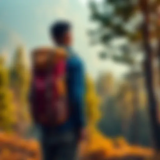 A person with a backpack stands in front of a forest, ready for a wilderness trip.