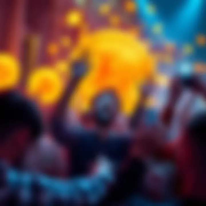 Image showing people excited about winning $ETH while boosting their $BTC balance, with crypto symbols in the background