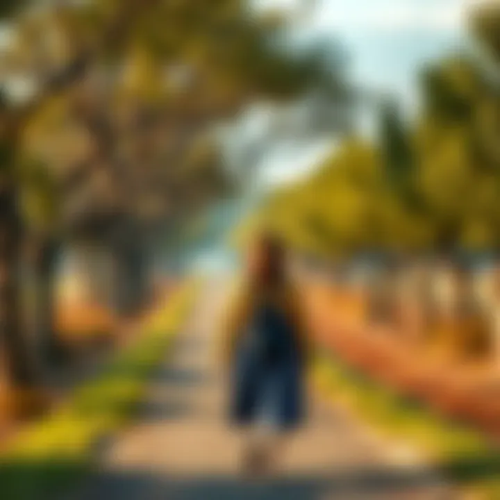 A woman walking on a path A woman walking on a tree-lined path, reflecting on her life journey