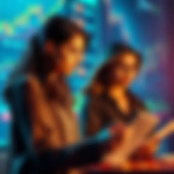 A group of women discussing Bitcoin and finance, with charts and graphs in the background