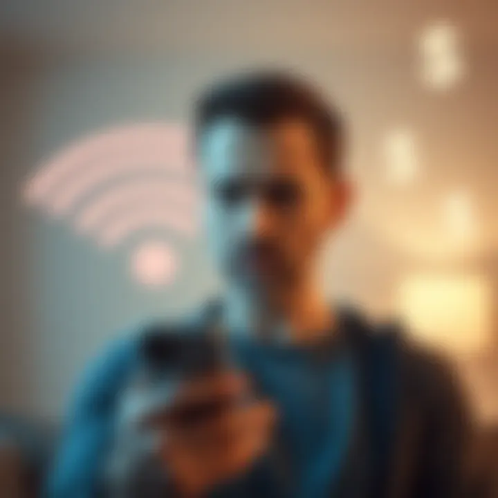 A father looking concerned while holding a smartphone, with a WiFi symbol and dollar signs in the background, representing fears of government control over personal assets and WiFi.