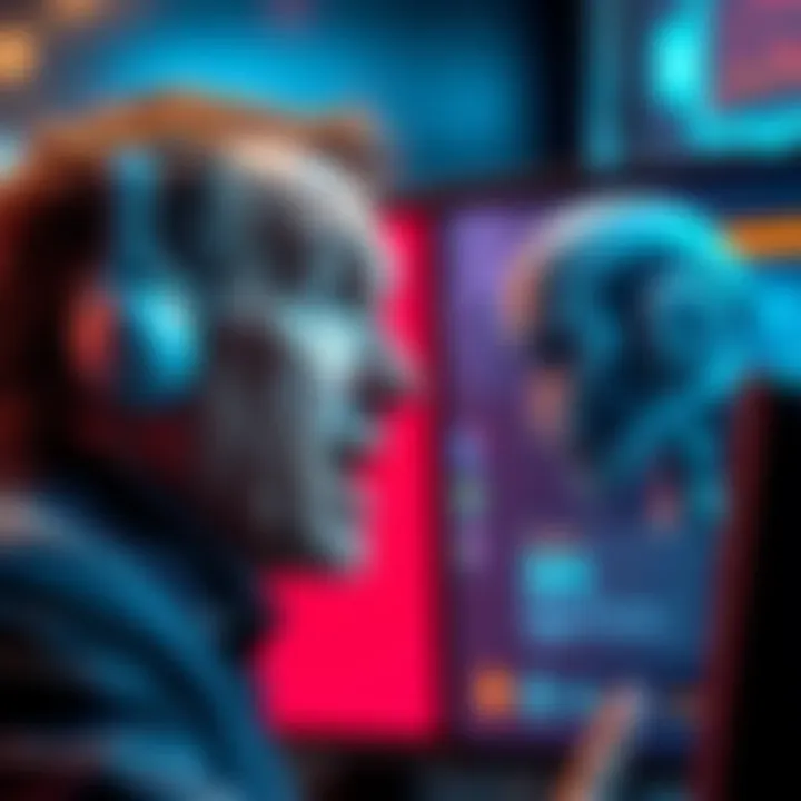 Wright looks surprised as he engages in a digital debate with a chatbot on a screen