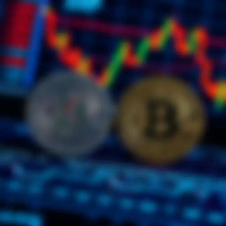 A visual comparison of XRP and BTC coins alongside a digital chart showing their performance