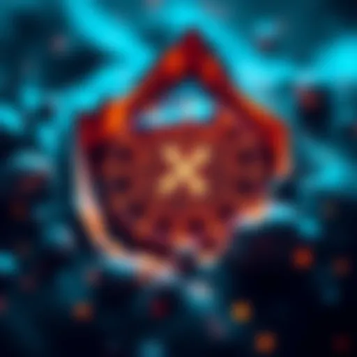 A digital representation of XRP with glowing elements, symbolizing guidance and financial growth, surrounded by abstract shapes that suggest spirituality.