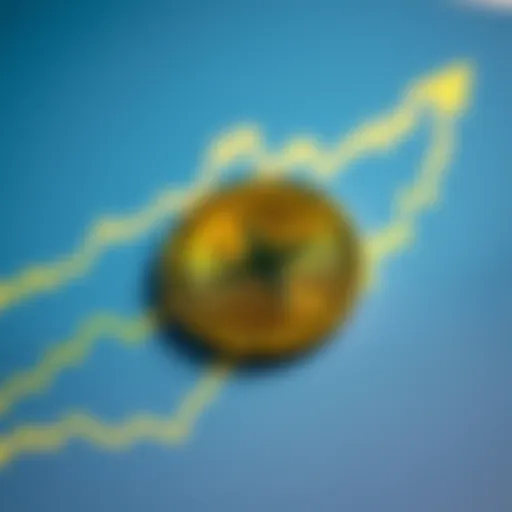 A close-up of an XRP coin placed on a financial chart showing upward trends, representing potential growth in investments over the next decade.